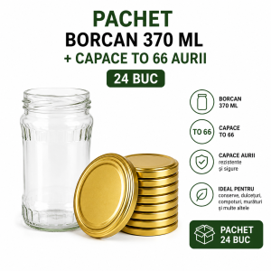 Pachet borcan 370 ml + capace TO 66 aurii - 24 buc