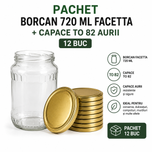 Pachet borcan 720 ml + capace TO 82 aurii - 12 buc